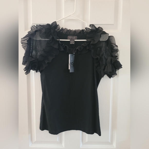 Gracia Black Ruffle Mesh Sleeve Top – Size L, NWT - Picture 2 of 3